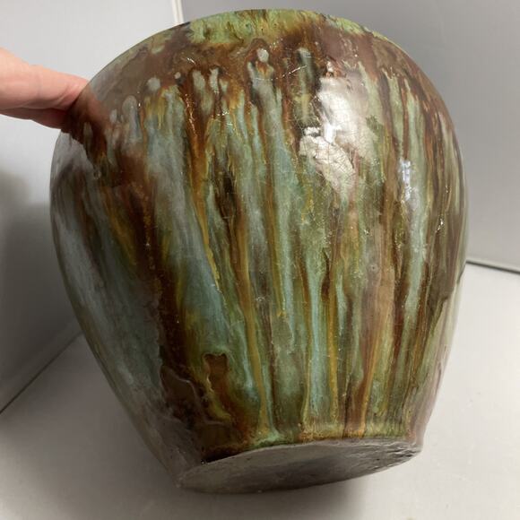 Vintage Drip Glaze Redware Pottery Vase Pot in Green Brown Textured - Picture 7 of 12